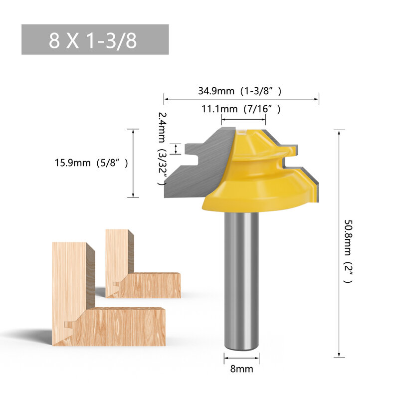 LAVIE 1 pc 8mm shank 45 Degree Lock Miter Router Bit Tenon Milling Cutter Woodworking Tool For Wood Tools Carbide Alloy MC02010