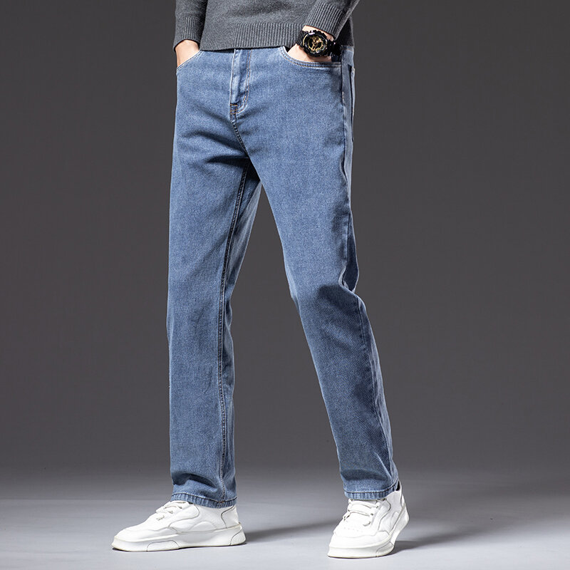 Jeans Longgar Lurus Biru Pria Musim Gugur Ukuran Plus 40 42 44 Celana Denim Melar Katun Kasual Bisnis Merek Pria