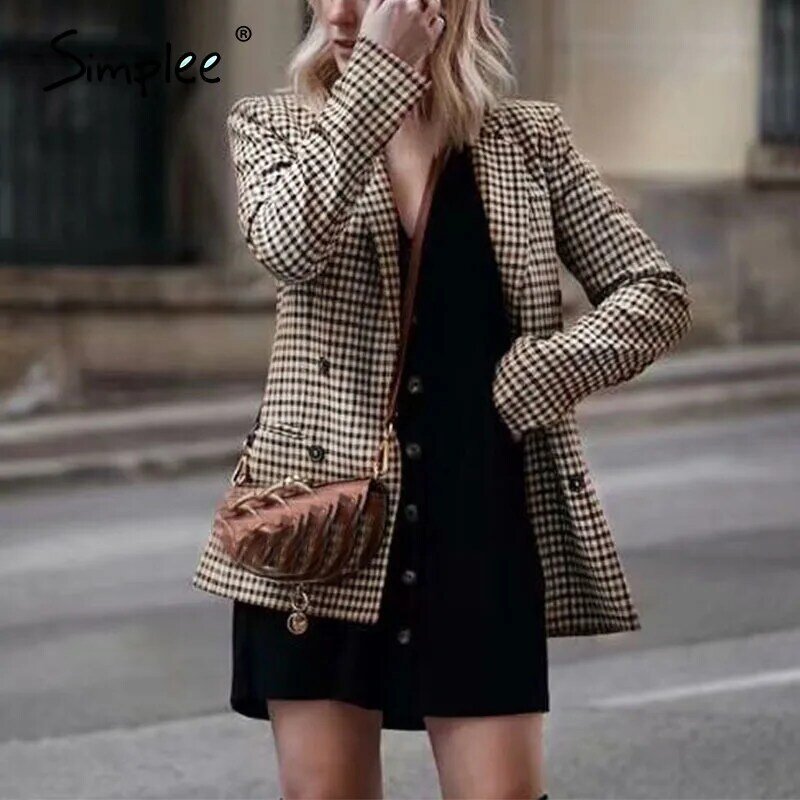 Simplee moda duplo breasted blazer xadrez feminino manga longa escritório senhoras blazer 2018 outono jaqueta feminina outerwear casacos
