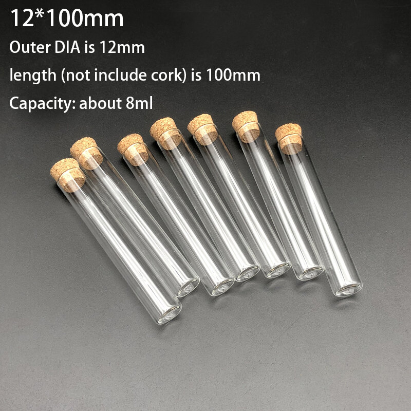 50pcs/Pack 12x100mm Flat bottom Transparent Glass Test Tube With Cork Stoppers for School Laboratory Experiment