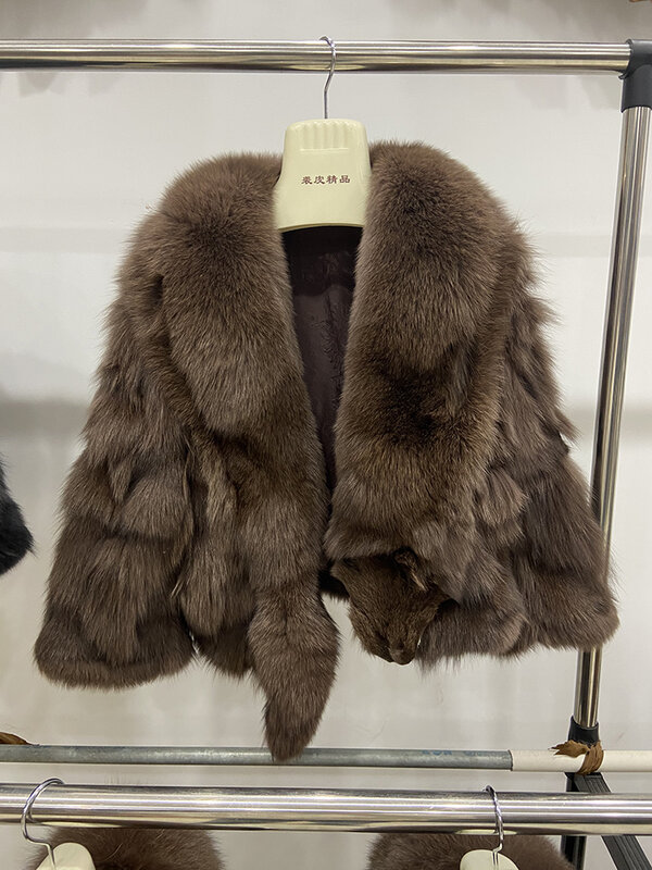 女性のための暖かい本物のキツネの毛皮のコート,厚くて自然なキツネの毛皮の襟,七分袖,アウター,冬