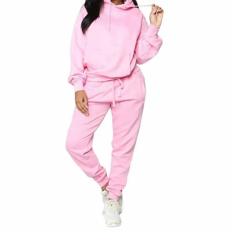 2Pcs Wanita Olahraga Warna Solid Lengan Panjang Hooded Hoodie Olahraga Kasual Pullover Sweatshirt Celana Suit Fashion Gym Set 2021