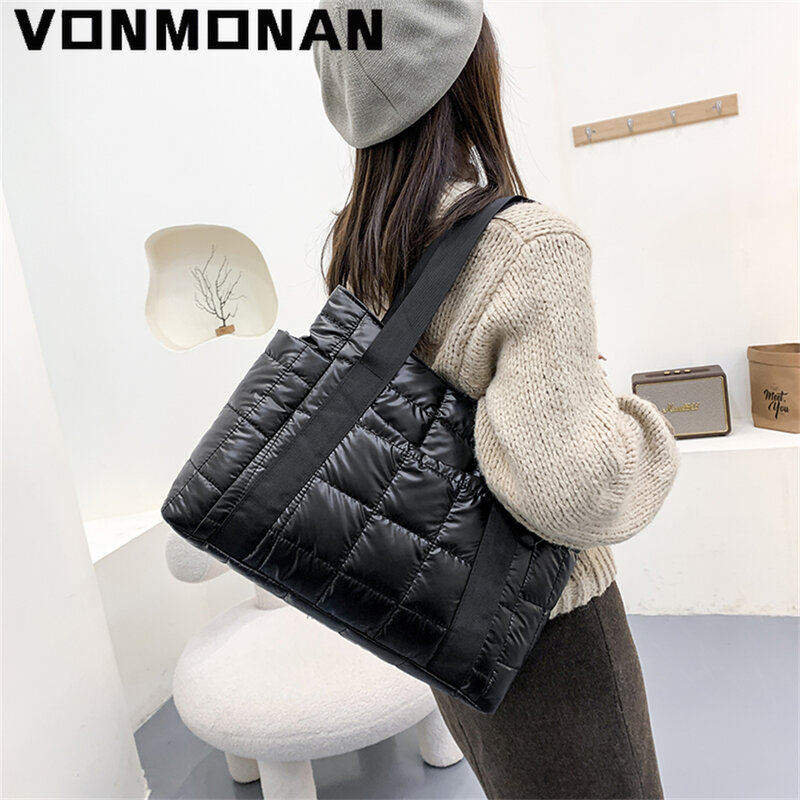 Women Big Totes Plaid Shoulder Bags 2021 Luxury Winter Textured Padded Duffel Bag for  Designer Space Cotton Shopper Handbags