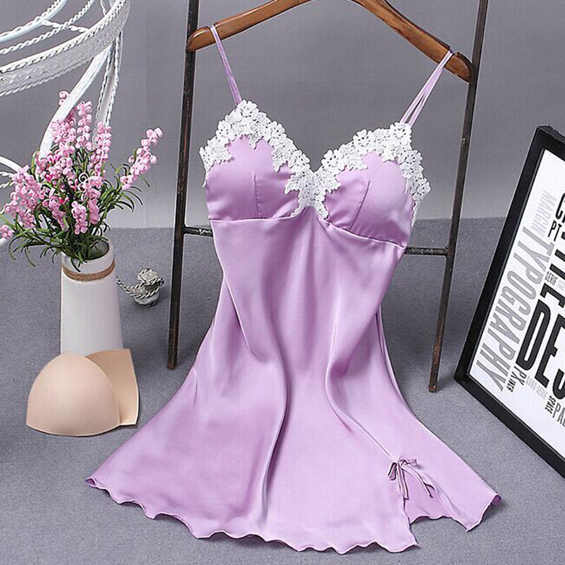 Summer Nightgowns Satin Nightgown Female Home Dress Nightwear Sexy Lace Sleepwear Dress Faux Silk Female Nighties Suit 2020 New