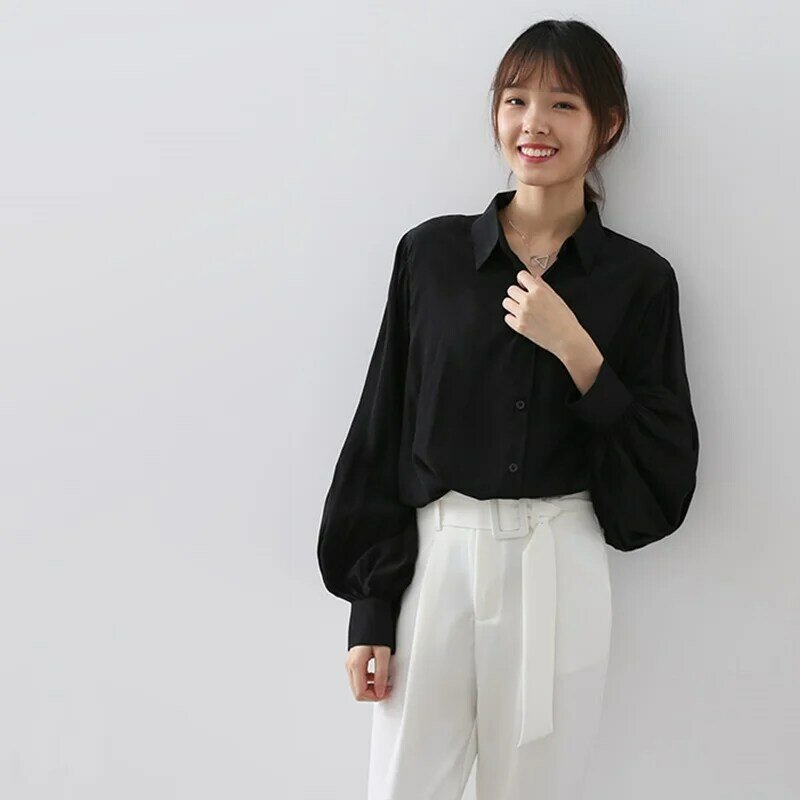 Blusa feminina de chiffon manga bufante, camisa feminina folgada para escritório primavera outono elegante dd2347
