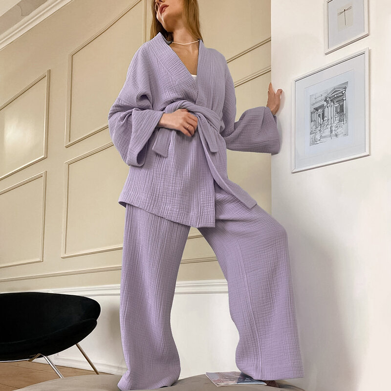 Hiloc Baumwolle Nachtwäsche Frauen Pyjama Robe Sets Flare Hülse Nachthemd Set Frau 2 Stück Robes Frau Lace Up Casual Hosen anzüge