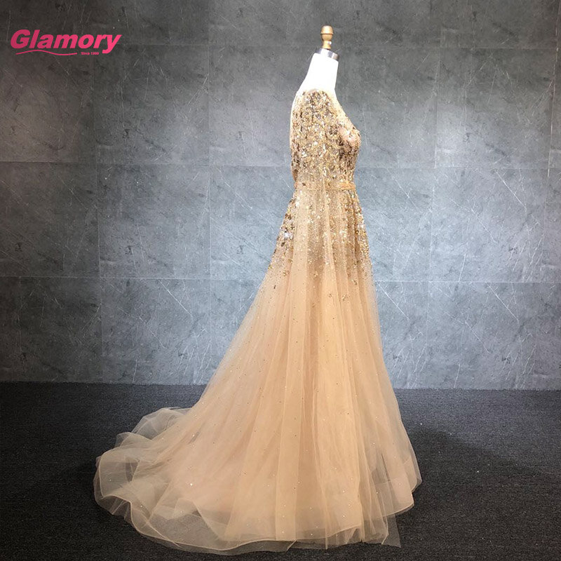 2021 neue Ankunft Gold Prom Kleid Lange Ärmel Oansatz Luxus Perlen Abendkleid