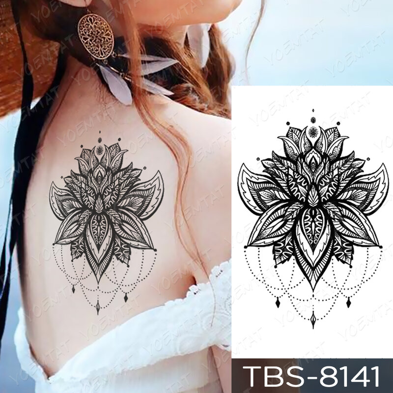 Tatuaje temporal impermeable para hombres y mujeres, pegatina de encaje para el pecho, Henna, Mandala, Lobo, flor de diamante, arte corporal, tatuaje falso para brazo