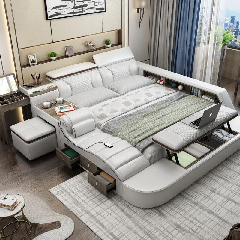 Moldura multifuncional cama de massagem de couro genuíno, colcha nórdica moderna, armazenamento LED Light, armário Bluetooth, cama nórdica segura