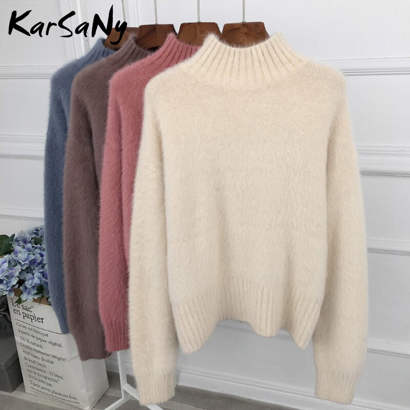 KarSaNy Winter Mink Cashmere Thick Sweater Women Jumper White Pull Femme Loose Pullover Knitted Fluffy Sweaters For Women Winter