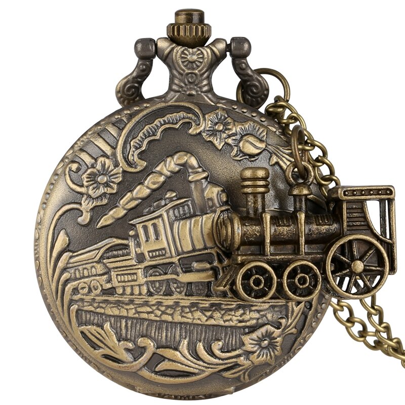 Vintage Bronze Quartz Pocket Watch Train Locomotive Engine Necklace Pendant Chain Best Gifts for Men Women with Train Accessory