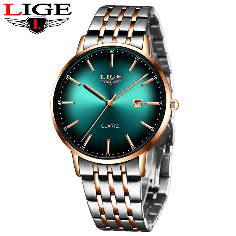 Reloj de cuarzo de lujo LIGE para hombre, reloj deportivo para hombre resistente al agua, reloj con fecha y esfera verde delgado de Todo el acero, reloj Masculino