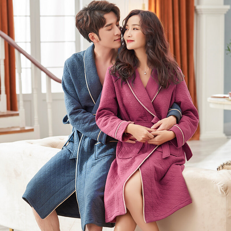 Three-Layers Cotton Couples Bathrobes Thin Quilted Robe V Neck Long Sleeve Lover Men Woman Robe Kimono Warm Male Bathrobe Coat