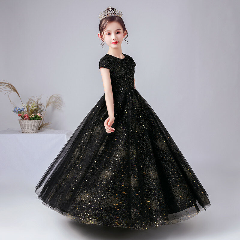 Dideyttawl świecący cekiny czarny dziewczęca sukienka w kwiaty koncert sukienka Junior Tulle długa suknia księżniczki urodziny