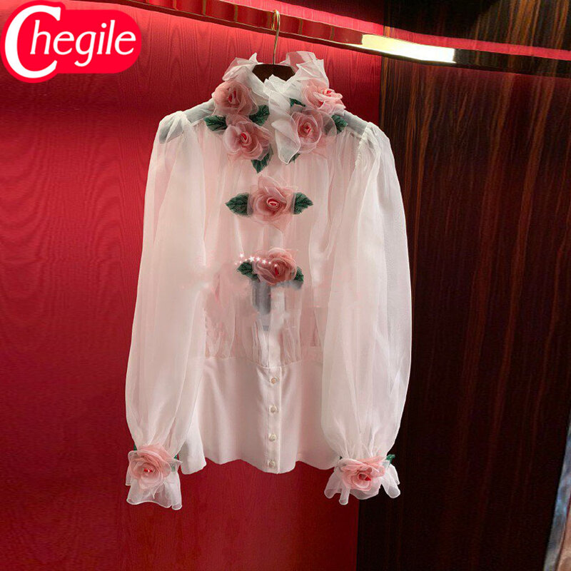 Женская блузка для подиума, весна-лето 2020, шифоновая рубашка с длинными рукавами с аппликацией розы и оборками
