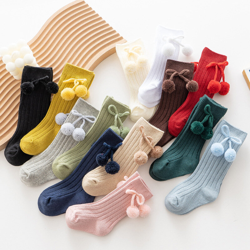 Calcetines hasta la rodilla de bola de cereza para niñas pequeñas, calcetines de princesa de estilo británico para recién nacidos, calcetín de punto, calentador de piernas de 0 a 4 años