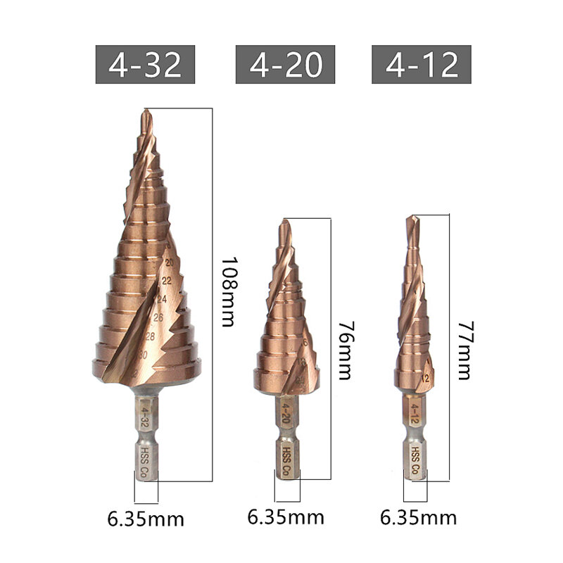 Free Shipping HSS M35 Cobalt Step Drill Bits 4-12/4-20/4-32mm Hole Saw Kit Spiral Groove Triangle Hex Shank For Stainless Steel