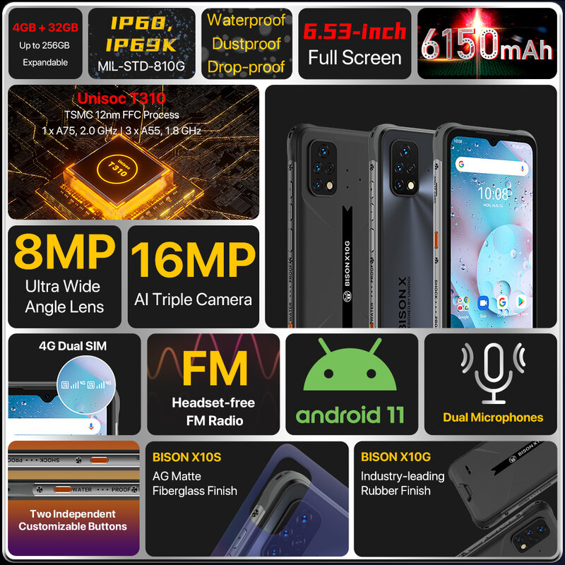 UMIDIGI-BISON X10S X10G Smartphone, IP68, IP69K, impermeável, telefone robusto, 6.53 "HD +, 4GB + 32GB, 16MP, 6150mAh bateria, em estoque