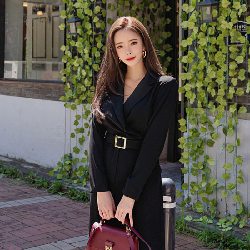 Женский комбинезон с отложным воротником, однотонный длинный комбинезон с поясом, официальная рабочая одежда в Корейском стиле, зима 2019