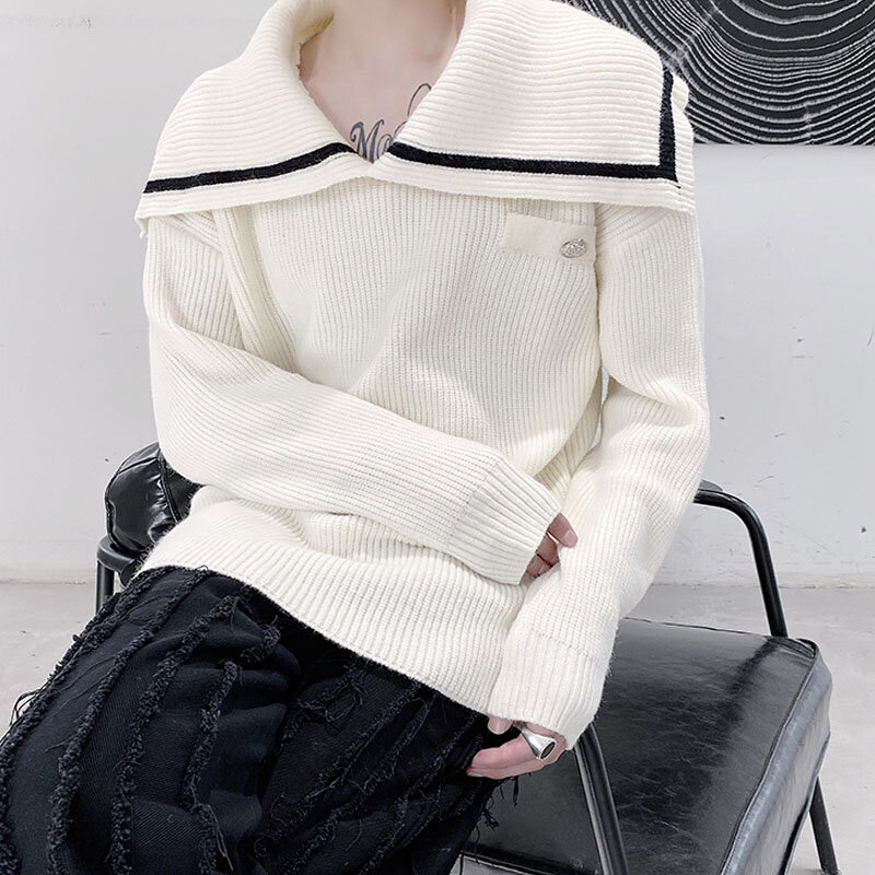 2021 남자 해군 칼라 캐주얼 두꺼운 가을 겨울 풀오버 스웨터 남성 여성 Streetwear 빈티지 커플 Kintted 스웨터