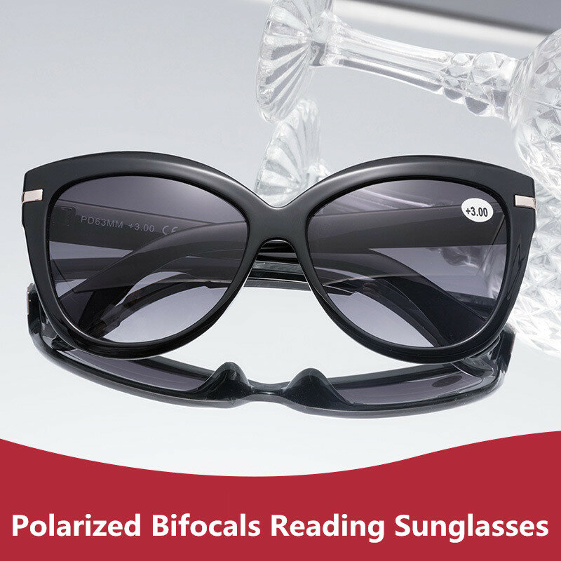 Cateye óculos de sol de leitura bifocal polarizado, feminino, presbiopia, óculos de sol de olho de gato, dioptria + 1.0 a + 3.0