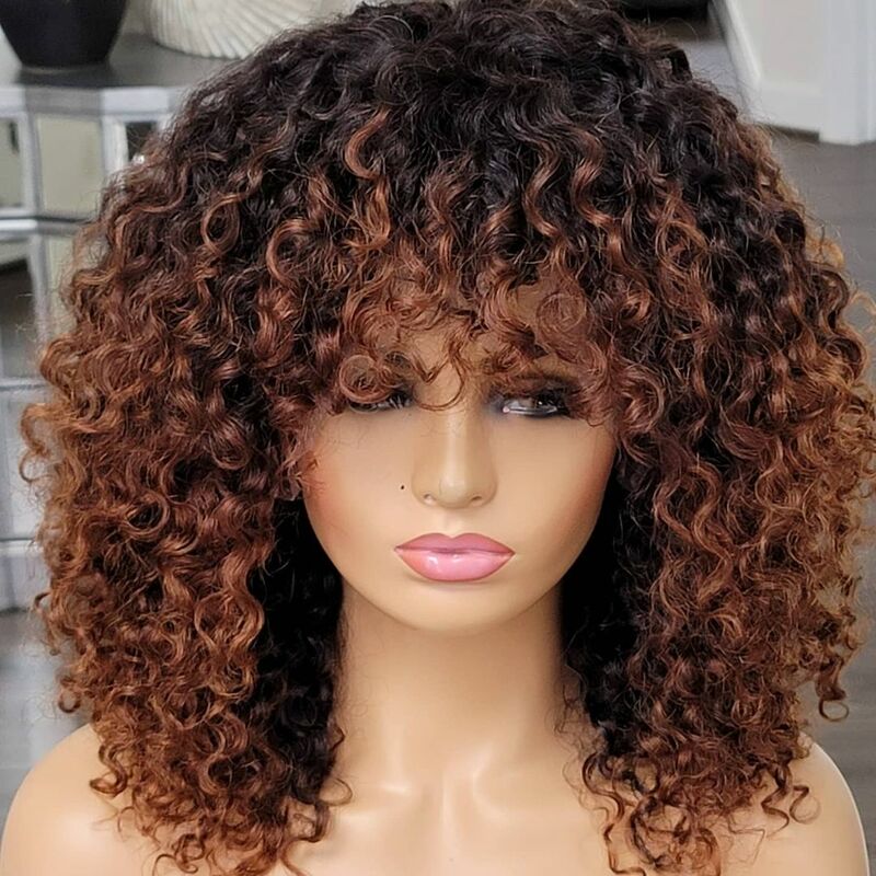 Ombre Honey Blonde Full Machine Wigs With Bangs 1B27 180 Density Jerry Curly Full Machine Made Wigs Brazilian Remy Human Hair