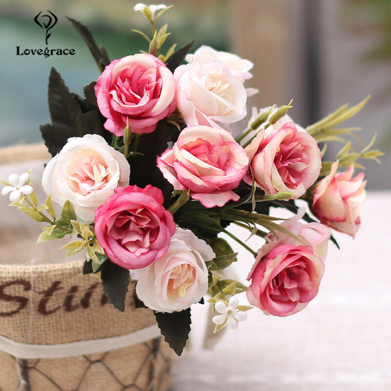 Rosa europea 12 testa pittura a olio rosa bicolore Bouquet di seta peonia fiori artificiali sposa matrimonio decorazione domestica fiori finti