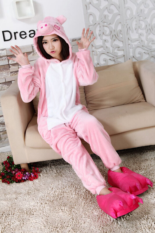 Kigurumi Vrouwen Pyjama Gratis Verzending Roze Varken Flanel Kleding Warm Onesie Zachte Overalls Meisje Grappig Cosplay Jumpsuits
