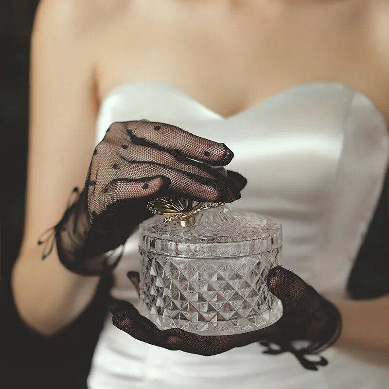 Etiqueta feminina luvas de malha transparente dot tule fishnet luvas bowknot dedo cheio luvas elásticas tule casamento luvas de noiva