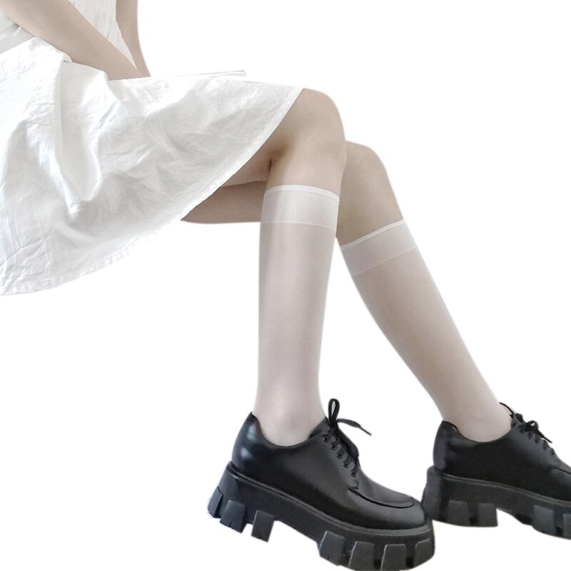 Chaussettes Lolita transparentes et soyeuses pour femmes, couleur unie, hauteur du genou