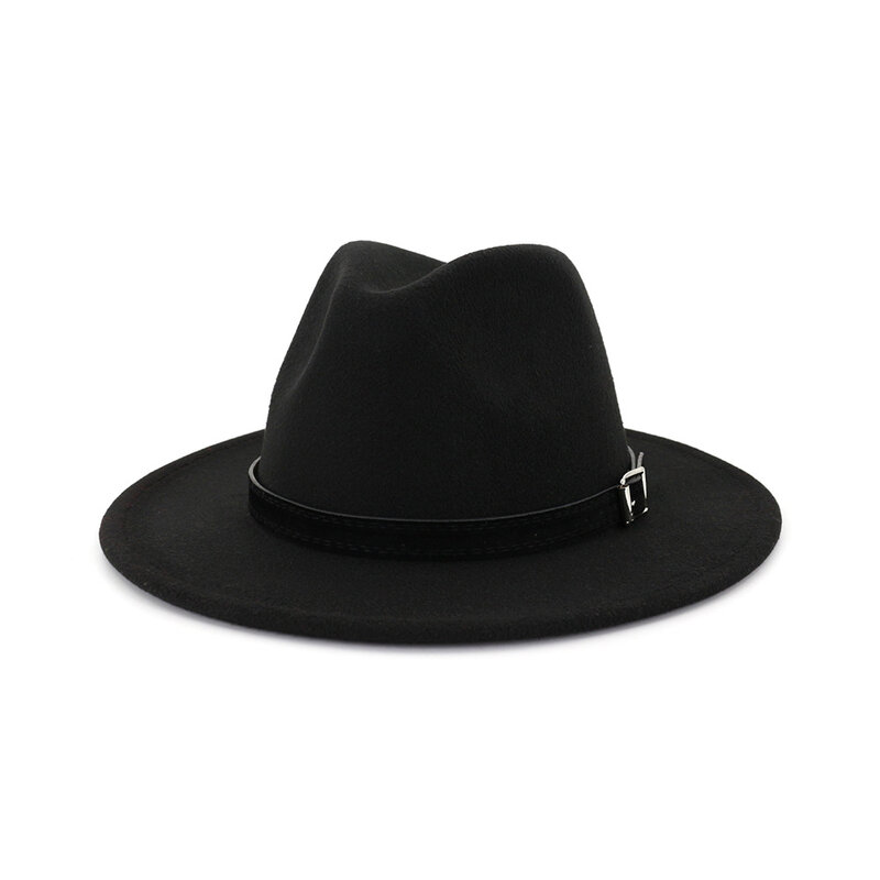 QIUBOSS hommes femmes large bord laine feutre Fedora Panama chapeau avec boucle de ceinture Jazz Trilby casquette fête formelle chapeau haut-de-forme en blanc, noir
