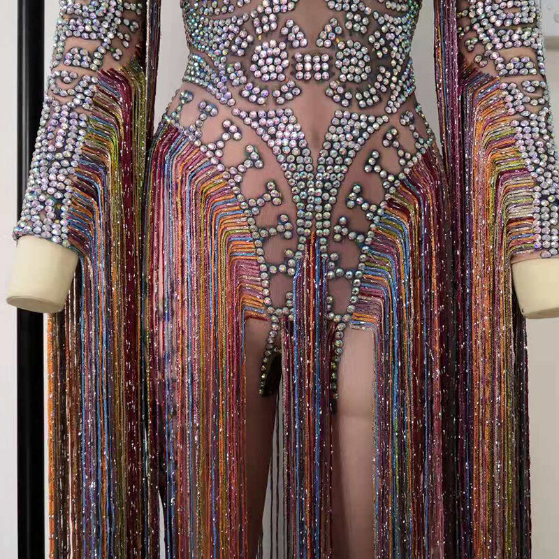 Macacão de cristais brilhantes feminino, longo, borla multicolorida, bodysuit strass, roupa de boate, cantor Palco Trajes de dança, sexy