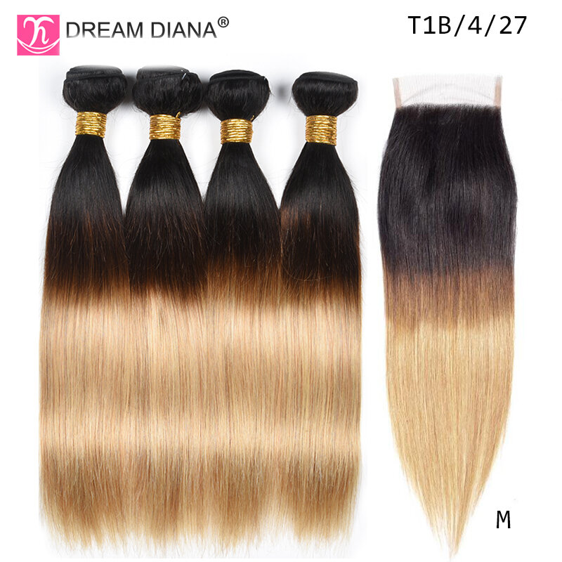 Dreamdiana ombre malaio sedoso cabelo reto com fechamento ombre remy feixes de cabelo humano com fecho 3 tonificado t1b/4/30 t1b/4/27