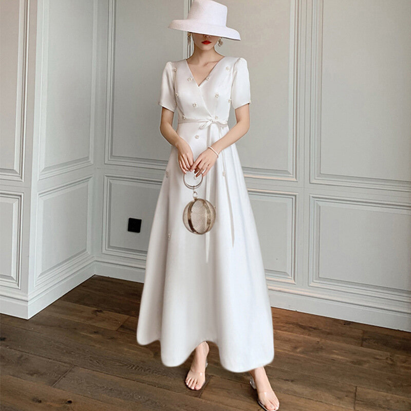Französisch V-Ausschnitt Party kleid Frauen Perlen Perlen Blume Kurzarm Abendkleid weiß elegante Ballkleider Brautjungfer Vestidos
