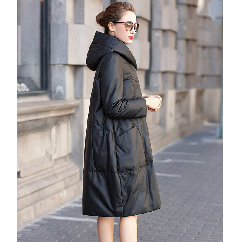 Женская свободная кожаная куртка, пуховое пальто из овчины с капюшоном, повседневная верхняя одежда, средней длины, пальто из натуральной кожи, осень, зима