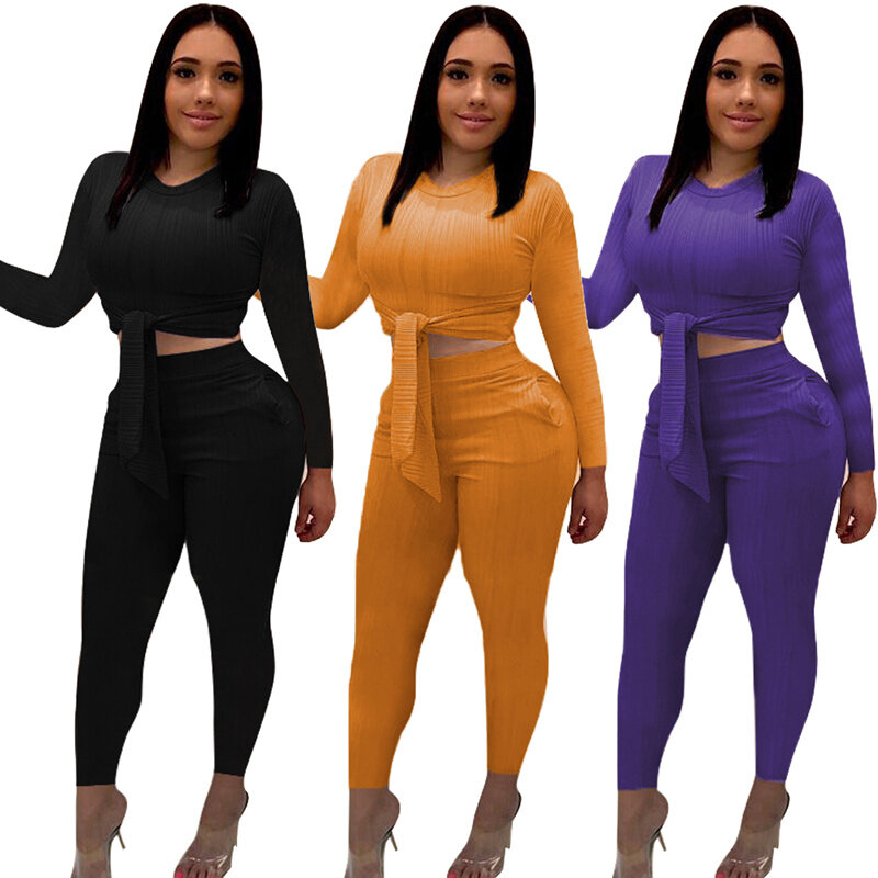 Women's Set Long Sleeve Elastic Knitted Casual 2 Piece Set Crop Tops + Skinny Pants Plus Size Two Piece Outfit Female Tracksuit