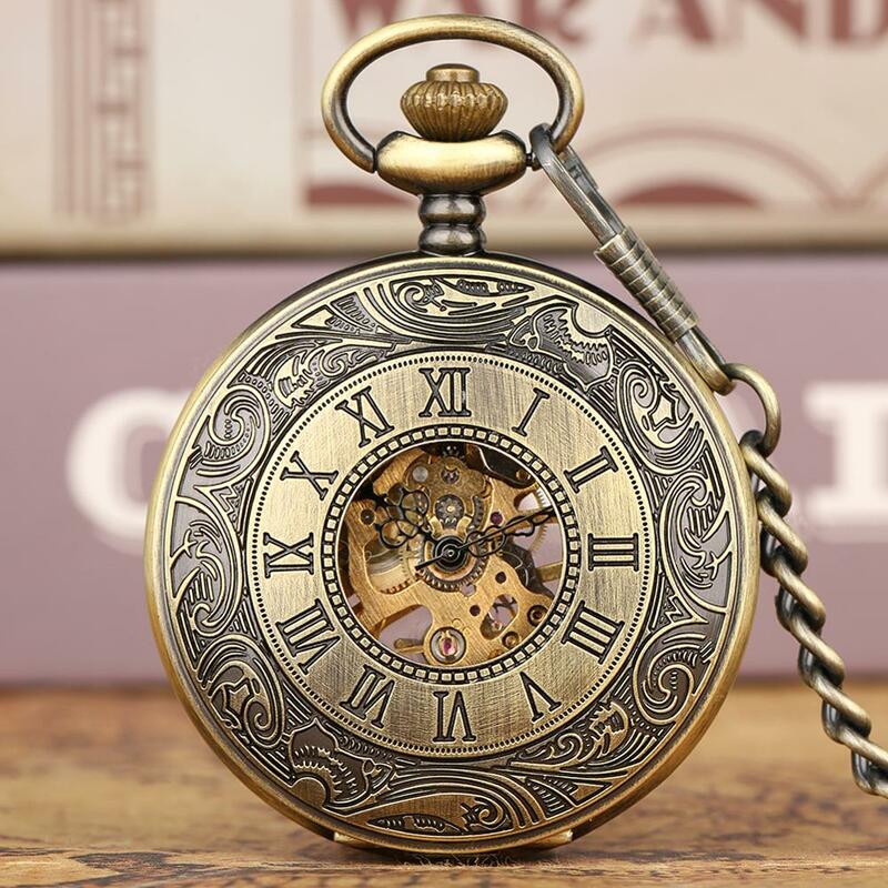 Антикварные римские цифры полые скелетоны ретро механические карманные часы брелок цепь часы мужские ручные намоточные часы искусство коллекционные вещи