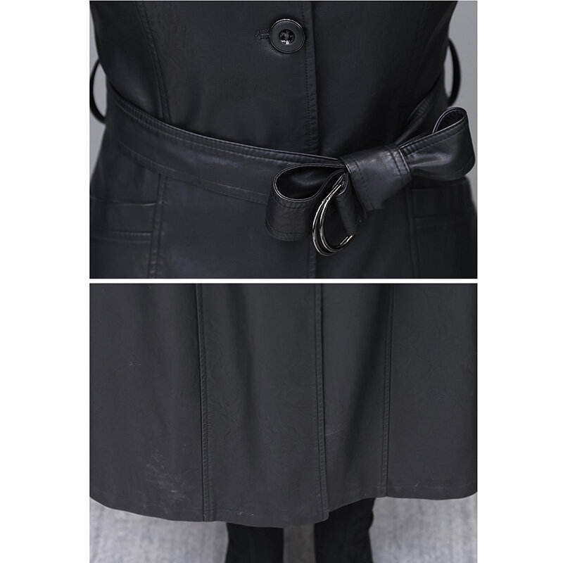 Autumn/Winter Leather Female Long Overcoat 2023 New Oversize 5XL Plus Cotton Windbreaker Women Warmth Slim Leather Coat Jacket