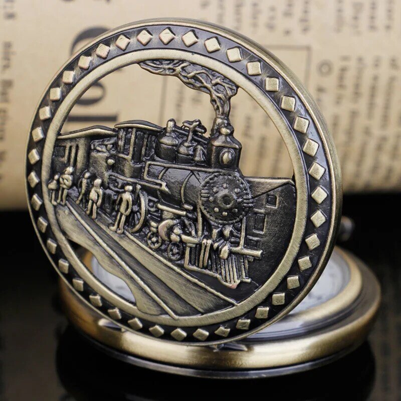 Relojes de bolsillo de esqueleto de moda antigua para hombres y mujeres, reloj de cuarzo, diseño de tren de bronce, reloj de bolsillo de acero inoxidable con cadena