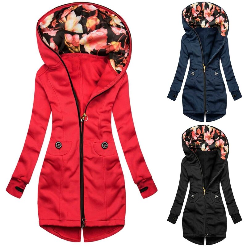 여성용 겨울 재킷, 여성 아웃웨어, 꽃 프린트 후드 포켓, 빈티지 긴팔 코트, 오버사이즈 카사코 여성 2020 F