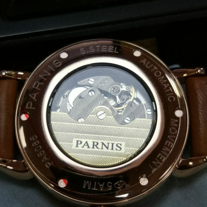 Parnis-reloj mecánico automático para hombre, cronógrafo con caja de oro rosa, correa de cuero, calendario, 42mm