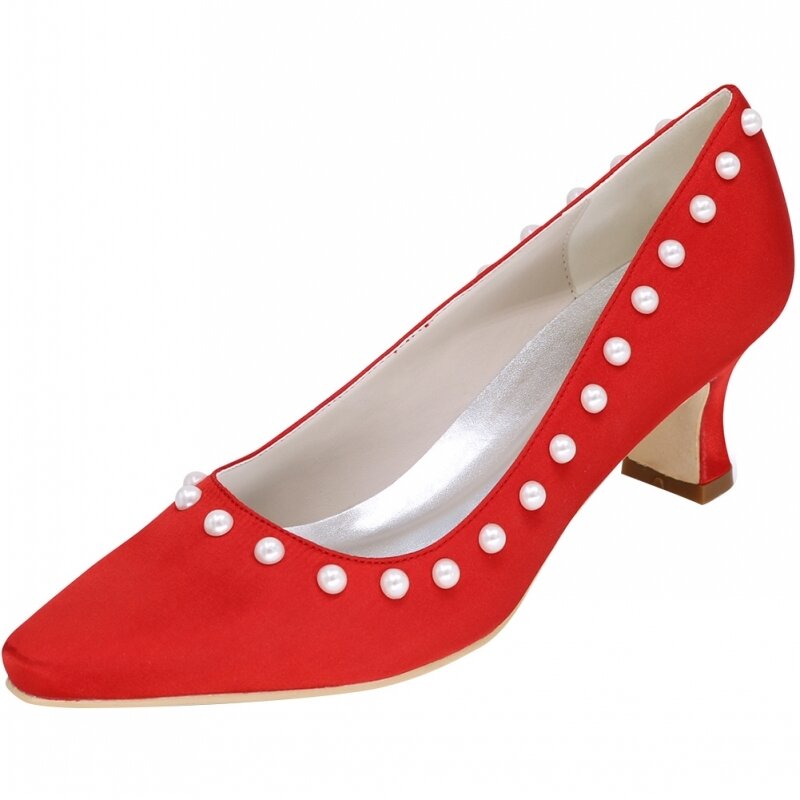 Zapatos de tacón alto con perlas para mujer, calzado con punta estrecha, talla grande, rojo, para oficina, verano, 2020