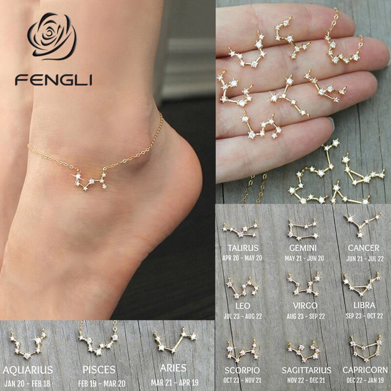 FENGLI простой крошечный ножной браслет с 12 созвездиями для женщин геометрический Циркон цепочка для ног ножные браслеты эффектные ювелирные ...