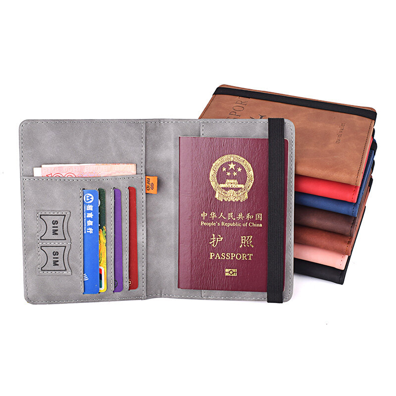Funda de cuero PU con bloqueo RFID para hombre y mujer, cubierta elástica para pasaporte, billetera para tarjetas, documentos, 4 ranuras