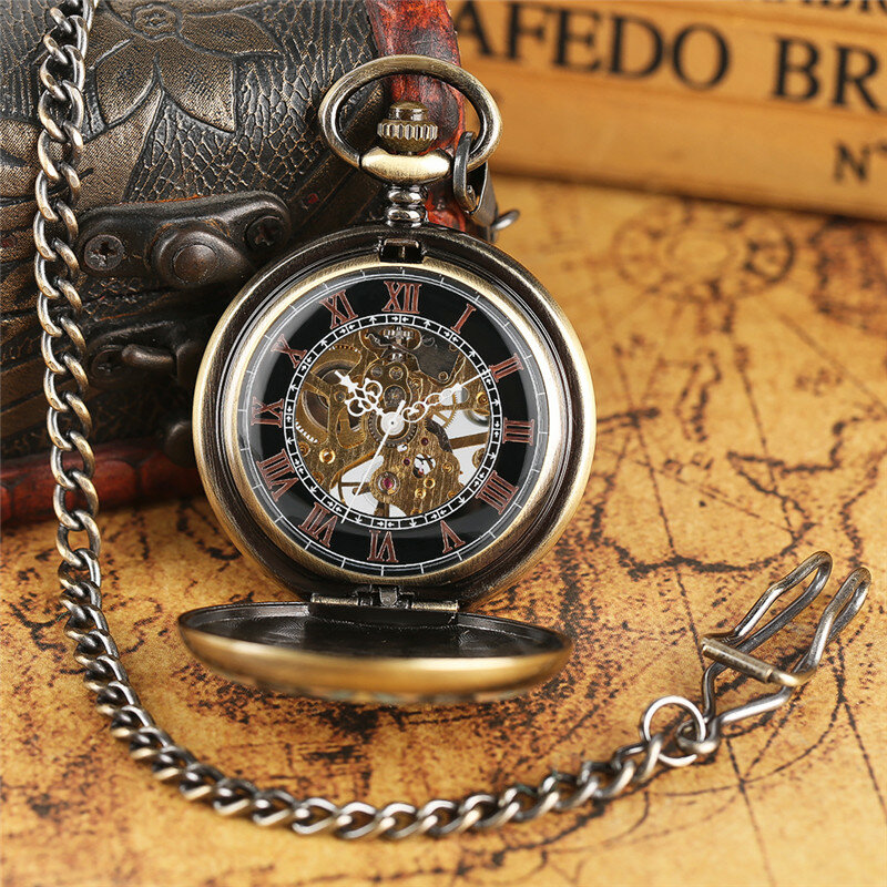 Steampunk bronze azul cristal flores relógio de bolso com mão enrolamento relógios mecânicos esqueleto pingente de corrente relógio reloj presente