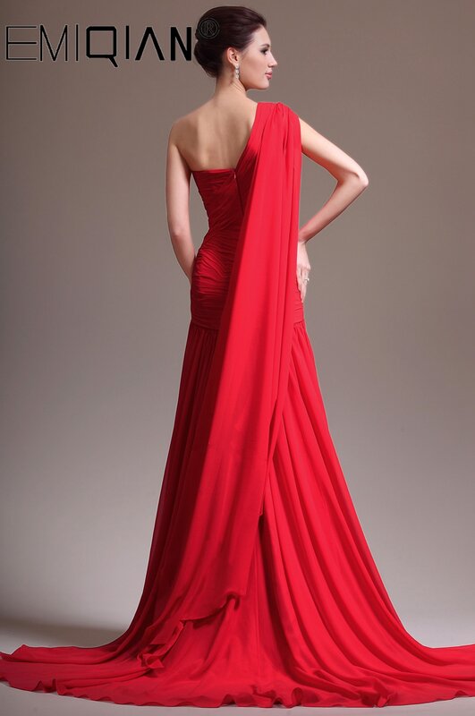 Um ombro vestido de noite vermelho sem mangas até o chão vestidos sereia senhoras plissados festa formal vestido de noite