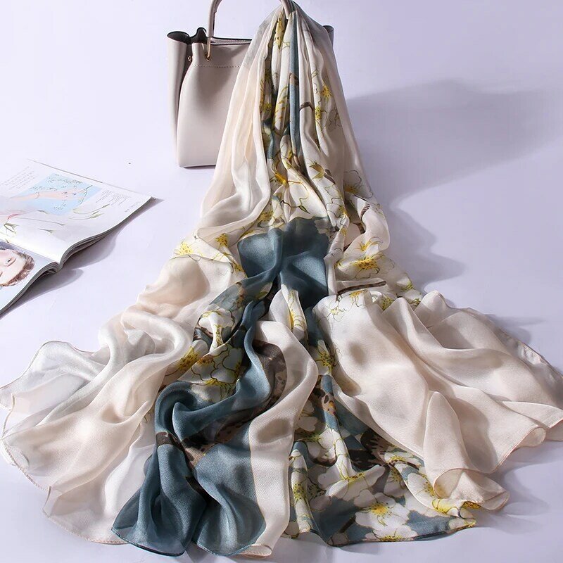Nowy 100% jedwabny szalik kobiety długi w kwiaty drukuj marka damski, wiosenny Design luksusowa jesienna chustka prawdziwy jedwabny szal dla pań Foulard