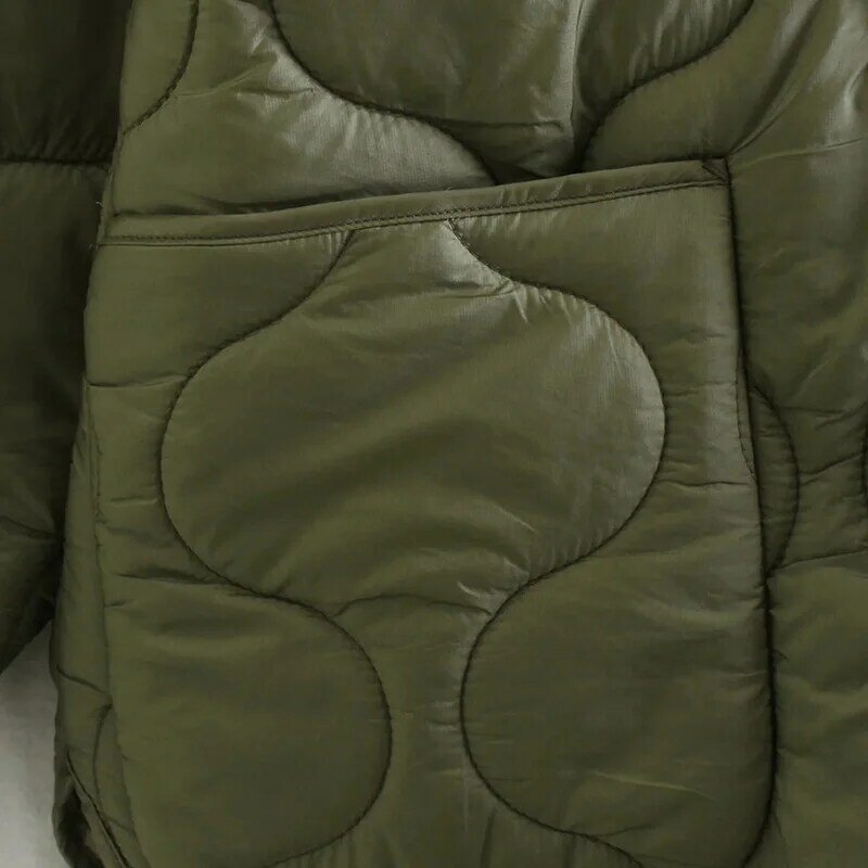 여성용 육군 녹색 오버사이즈 퀼트 재킷, 2021 겨울 가을 코튼 패딩 코트, 느슨한 캐주얼 노 칼라 패션 아웃웨어, 세련된 시크
