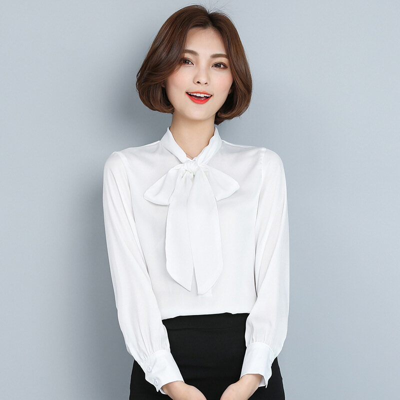 Blusa feminina chiffon de manga comprida, camisa elegante casual e sólida para escritório 2020