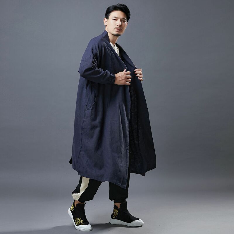 Linho de algodão masculino chinês camisa hanfu sólido manto & blusão antigo gola mandarim robe botão retro cardigan casual tang topos